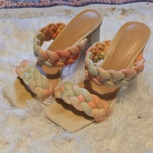 Pastel Braided Slide Heels in Peach & Mint - Women